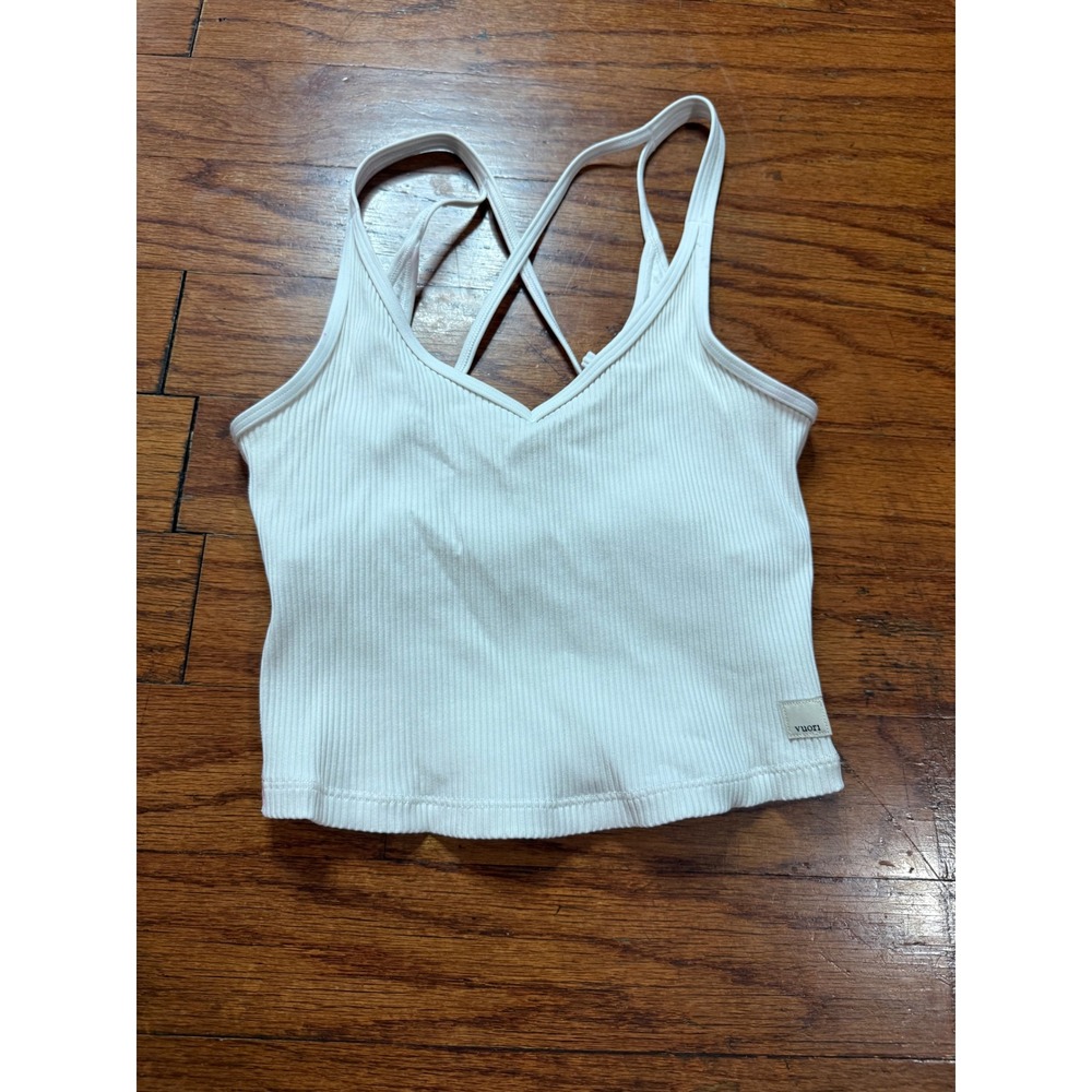 Vuori Mindset Bra Tank White Ribbed V-Neck Crisscross Back Crop Top Small